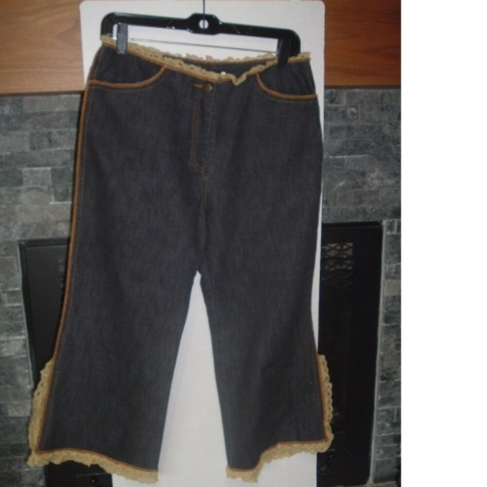 Rare Wide Leg Lace trim stretch jeans, Boho Western Prairie EUC, Y2K Size 28 -29